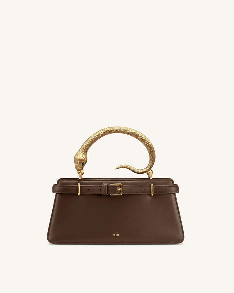 Elena Snake Handle Top Handle Bag - Dark Brown
