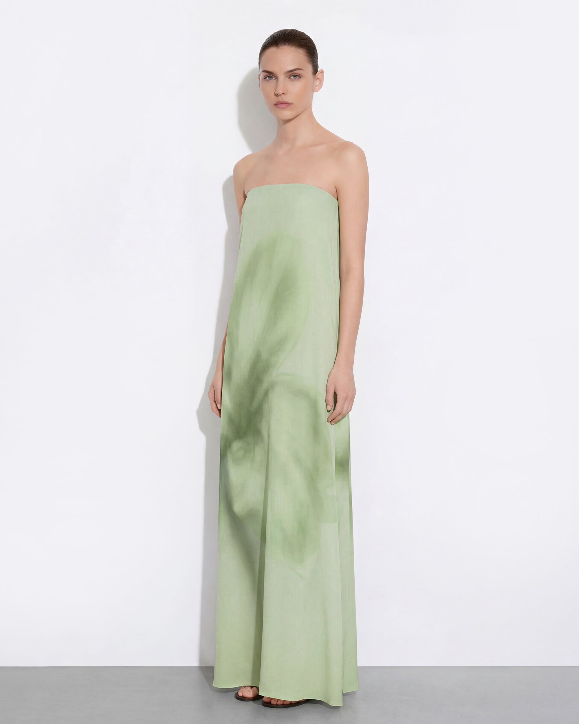 Watercolor Floral Print Strapless Maxi Dress - Green