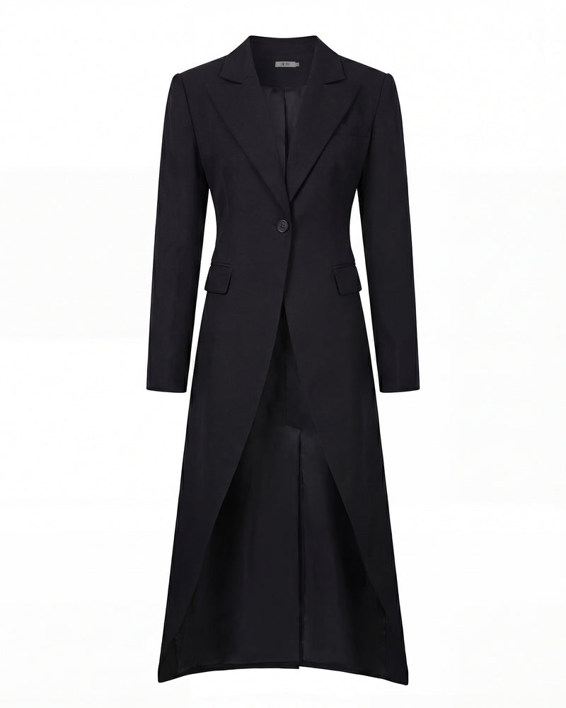 Structured Peak-Lapel Cutaway Maxi Blazer - Black