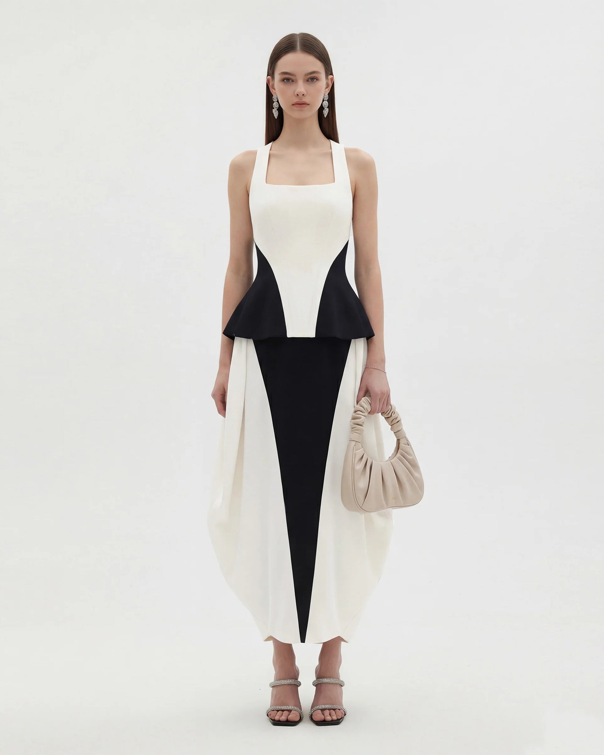 Monochrome Paneled Square-Neck Peplum Top - Black