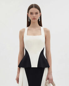 Monochrome Paneled Square-Neck Peplum Top - Black