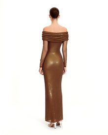 Rhinestone Mesh Off-Shoulder Maxi Dress - Brown
