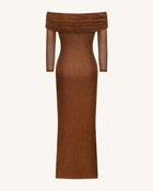 Rhinestone Mesh Off-Shoulder Maxi Dress - Brown