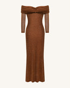 Rhinestone Mesh Off-Shoulder Maxi Dress - Brown