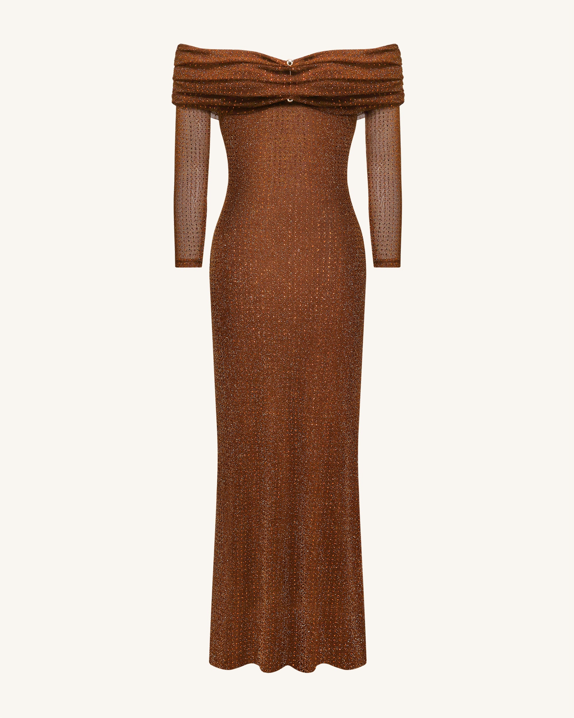 Rhinestone Mesh Off-Shoulder Maxi Dress - Brown
