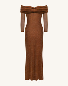 Rhinestone Mesh Off-Shoulder Maxi Dress - Brown