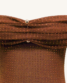 Rhinestone Mesh Off-Shoulder Maxi Dress - Brown