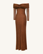 Rhinestone Mesh Off-Shoulder Maxi Dress - Brown