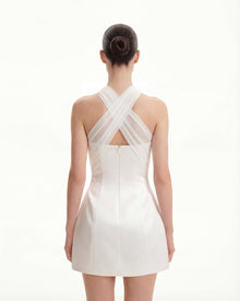 Satin Mini Dress with Tulle Cross-Halter - White