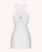 Satin Mini Dress with Tulle Cross-Halter - White