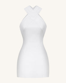 Satin Mini Dress with Tulle Cross-Halter - White