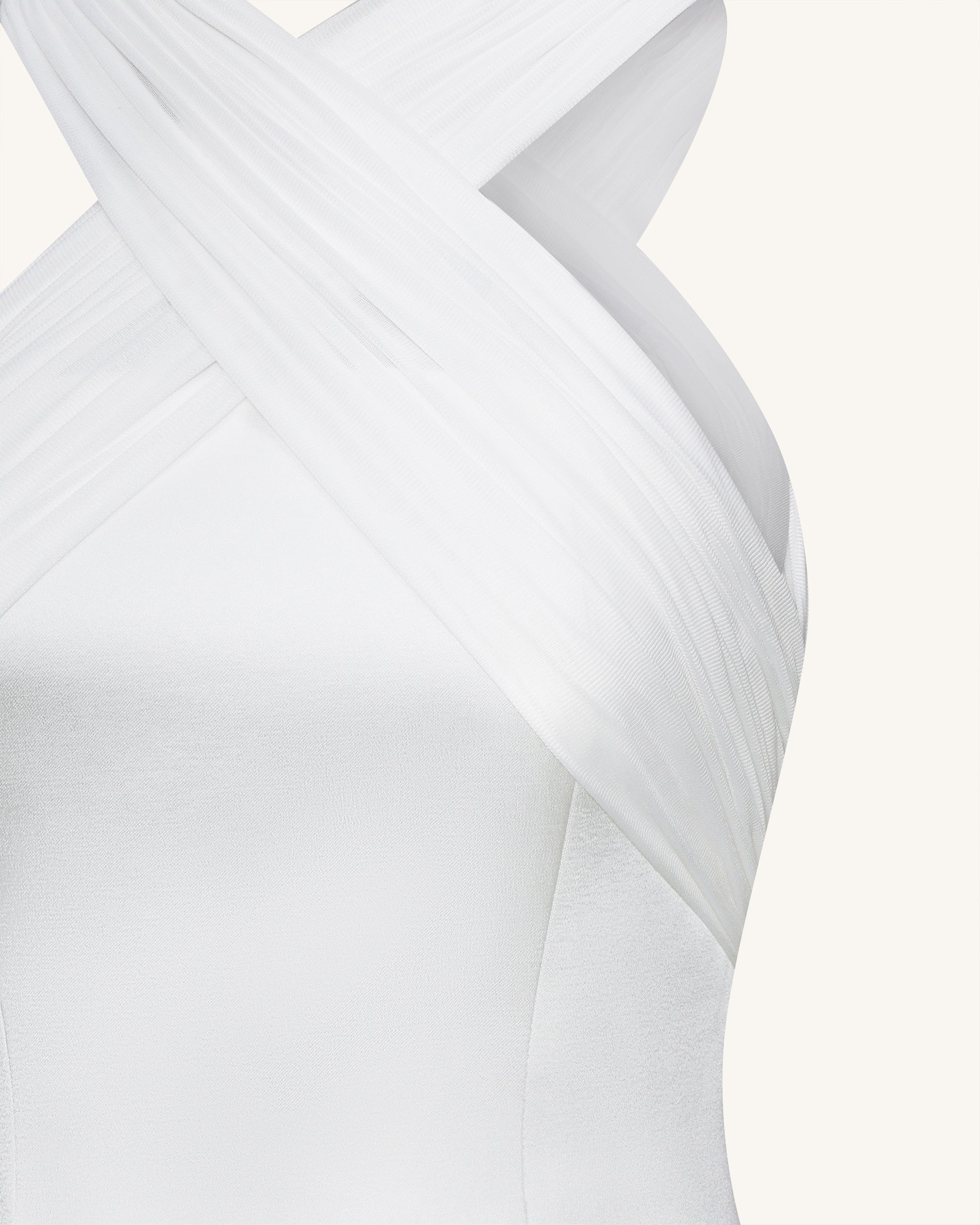 Satin Mini Dress with Tulle Cross-Halter - White