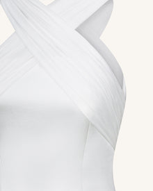 Satin Mini Dress with Tulle Cross-Halter - White