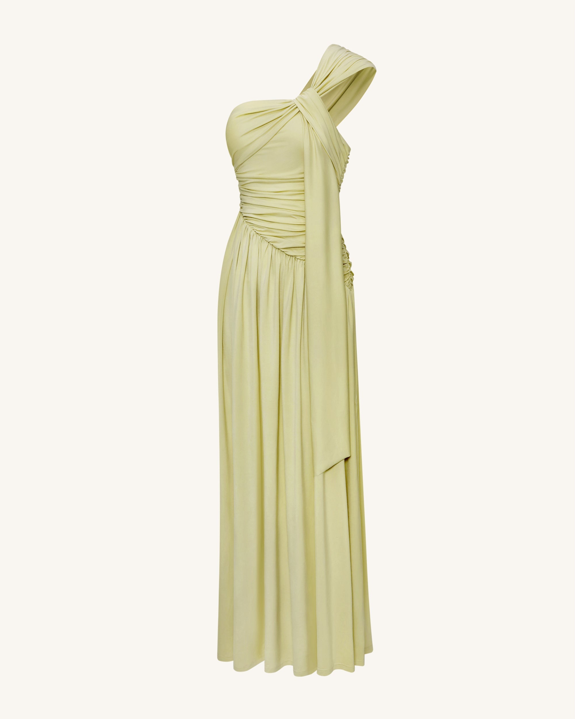 Ruched One-Shoulder Maxi Dress with Trailing Sash - Green