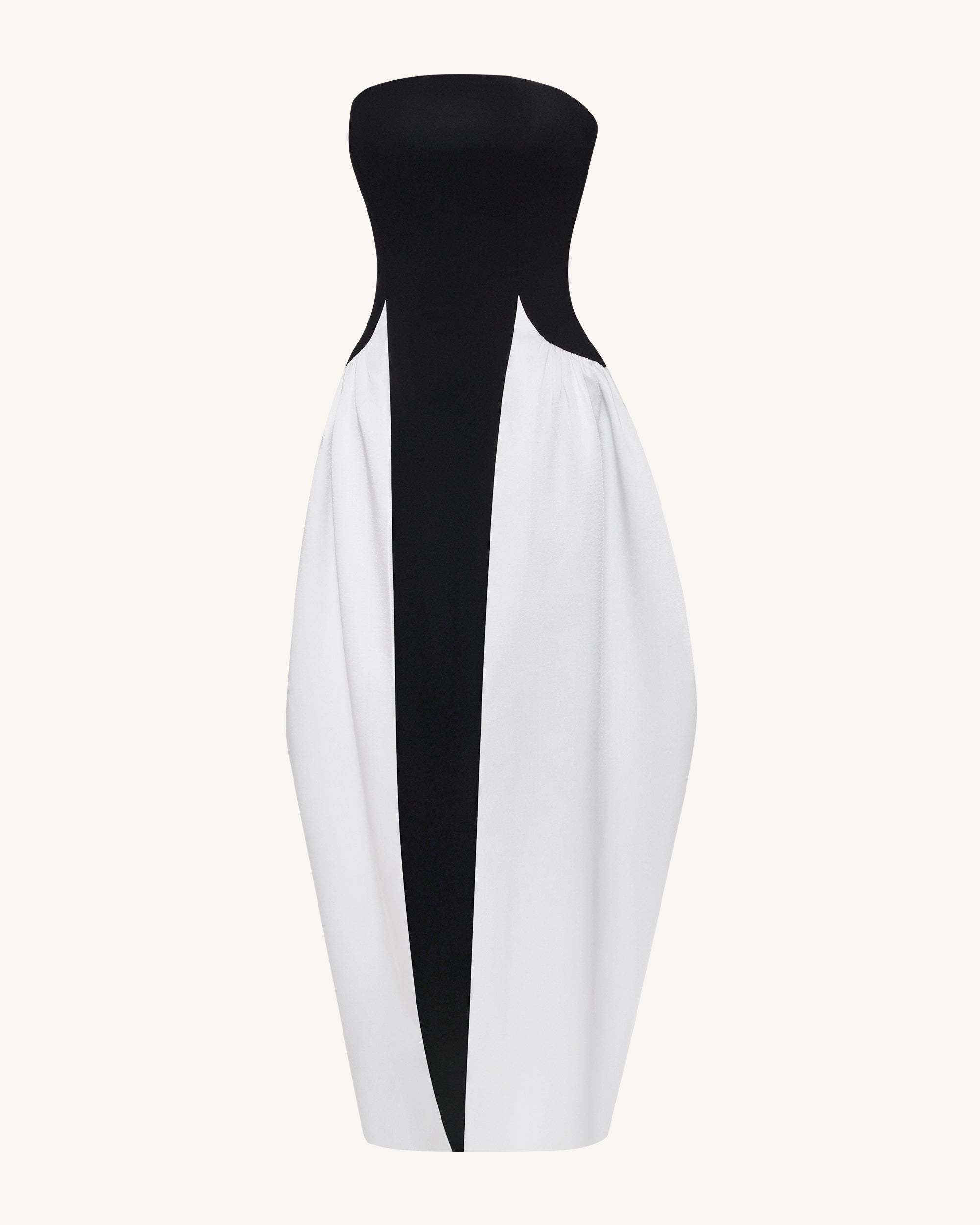Monochrome Paneled Strapless Sculptural Maxi Dress - Black