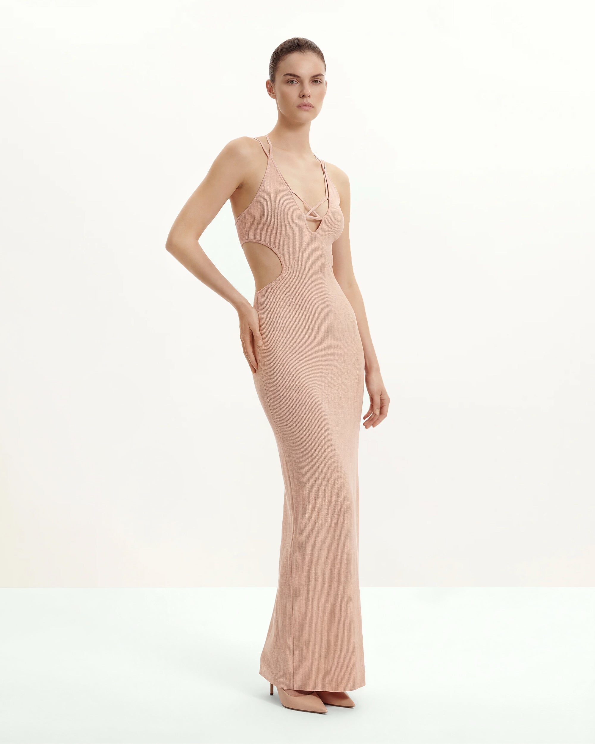 Ribbed Knit Cutout Maxi Dress - Pink
