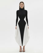 Monochrome Paneled Long-Sleeve Maxi Dress - Black