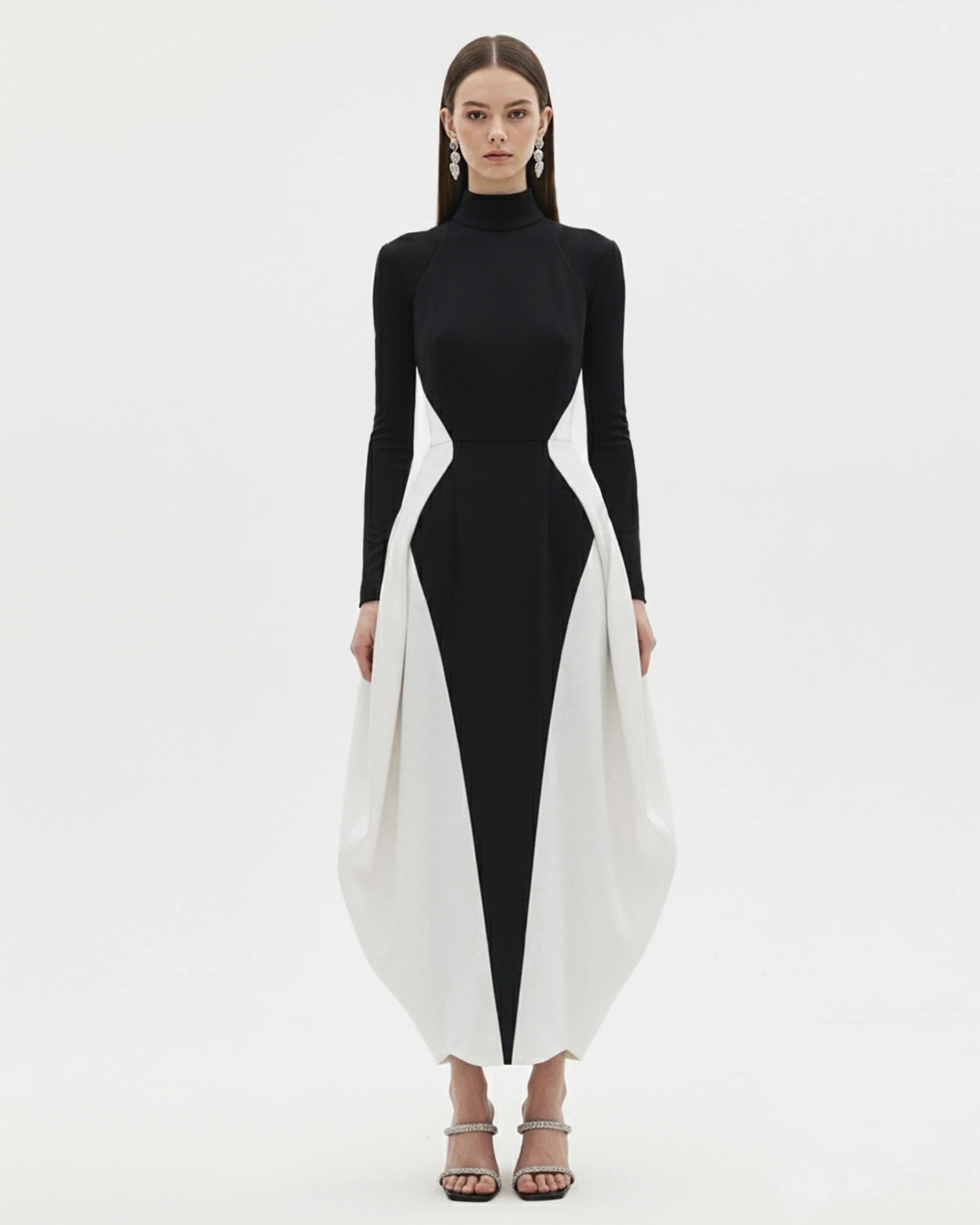 Monochrome Paneled Long-Sleeve Maxi Dress - Black