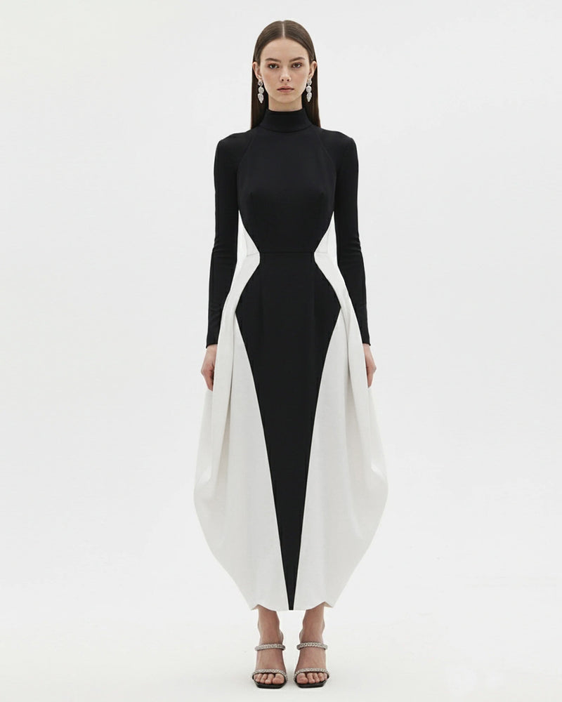 Monochrome Paneled Long-Sleeve Maxi Dress - Black