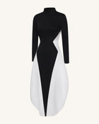 Monochrome Paneled Long-Sleeve Maxi Dress - Black