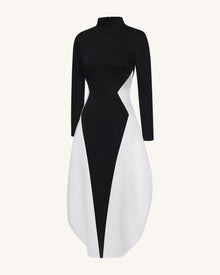 Monochrome Paneled Long-Sleeve Maxi Dress - Black