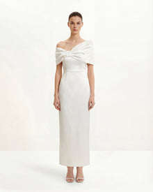 Satin Asymmetric Bow Maxi Dress - White