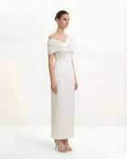 Satin Asymmetric Bow Maxi Dress - White