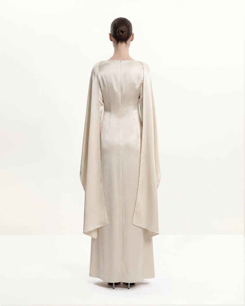 198Pearl-Trimmed Cape Sleeve Boat Neck Maxi Gown-Cream