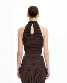 Ruched Twist-Front Halter Bodysuit - Brown