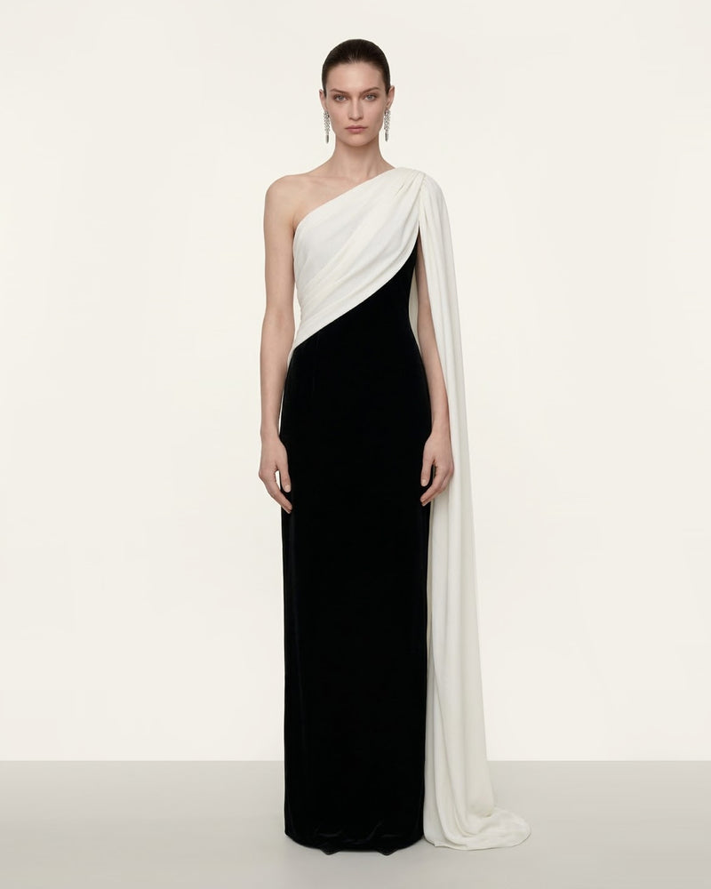 One Shoulder Draped Maxi Dress - Black White