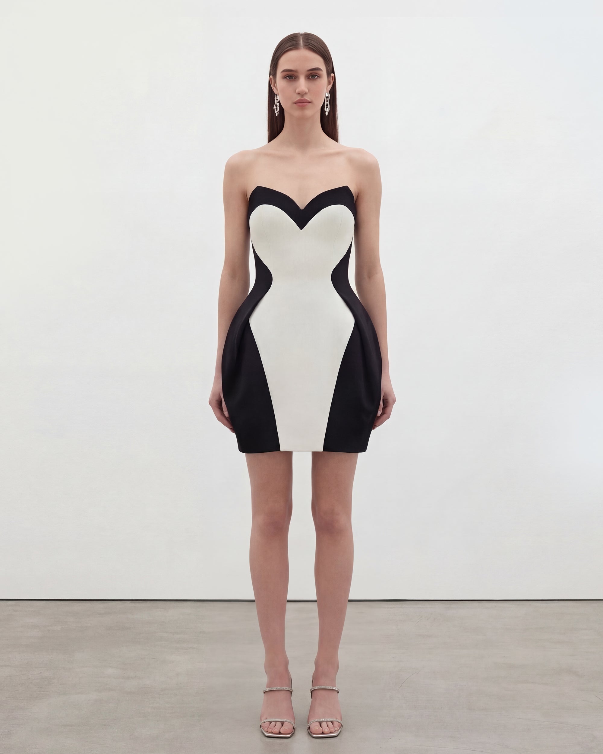 Strapless Contrast Panel Dress - Black White