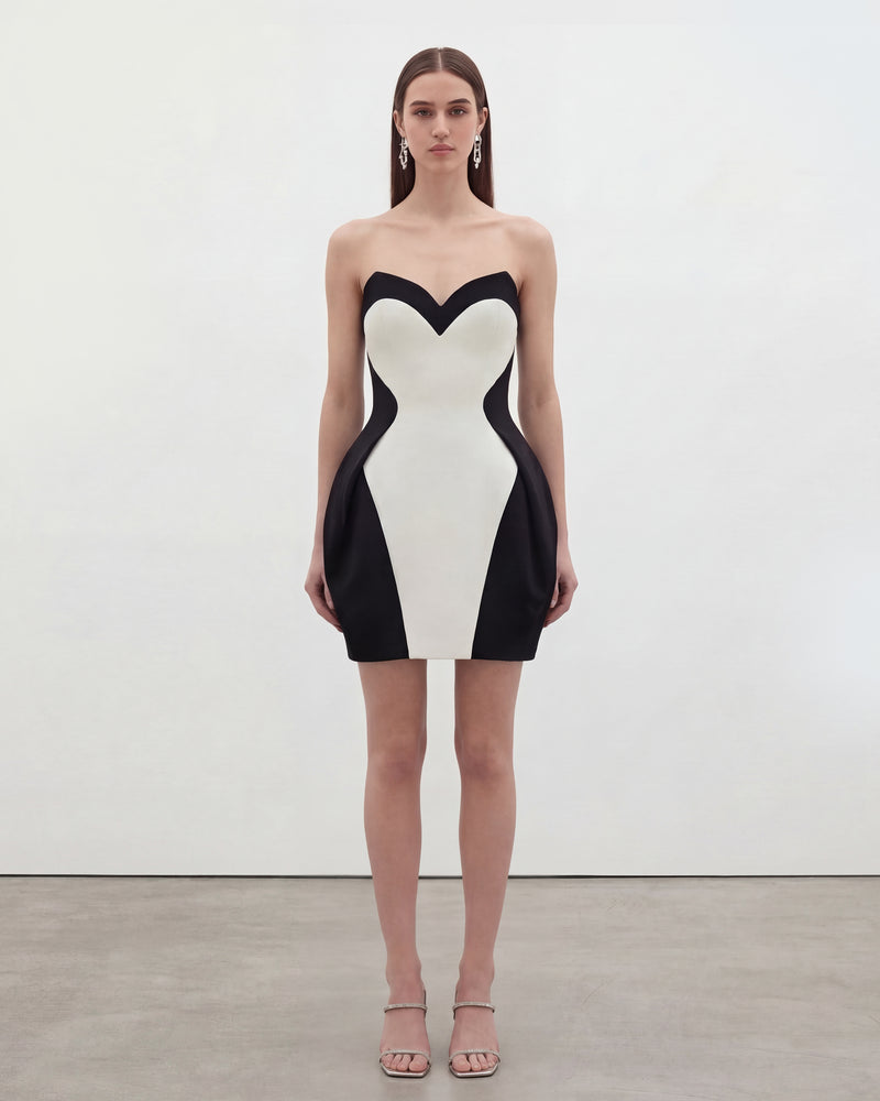 Strapless Contrast Panel Dress - Black White