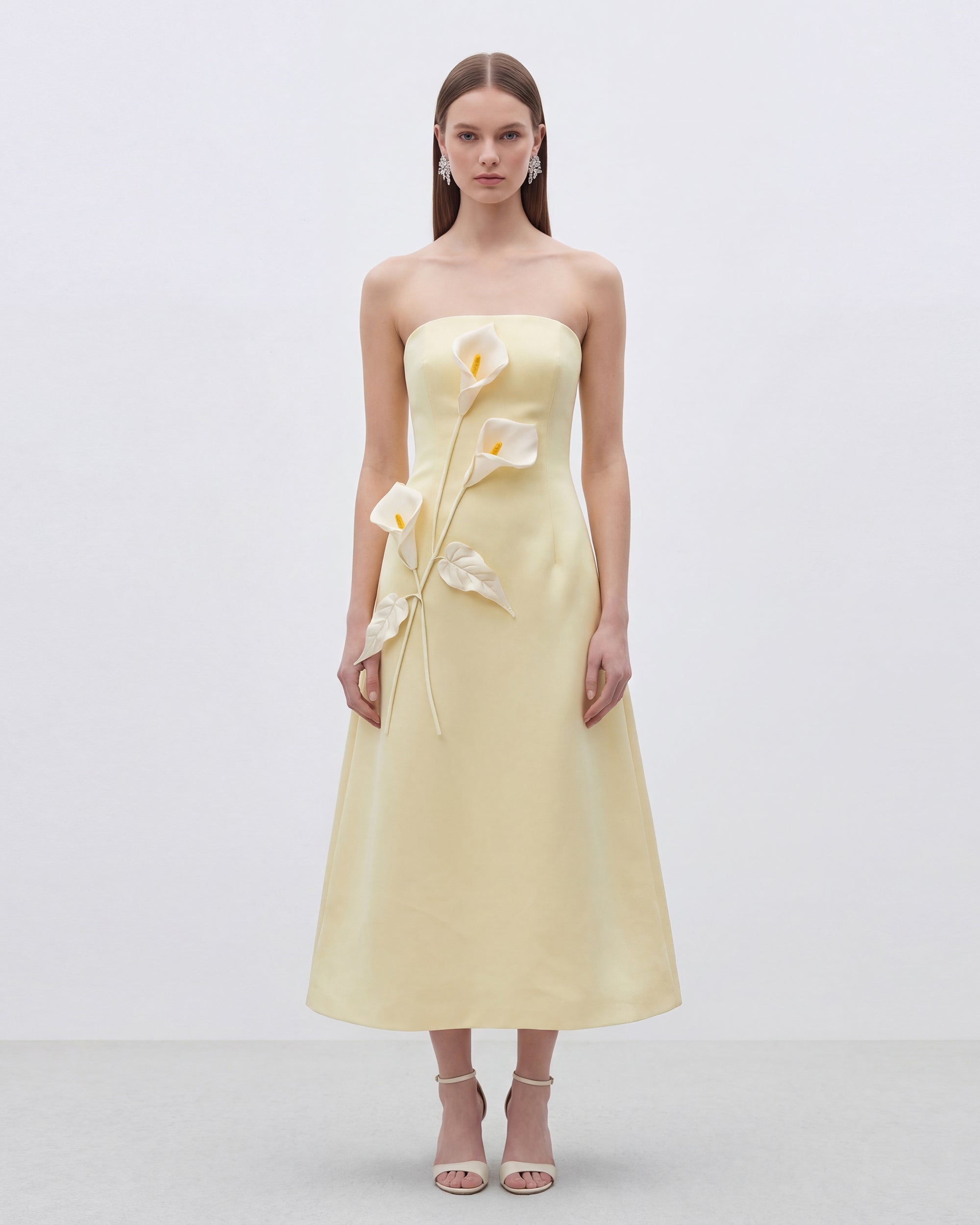 Strapless Floral Appliqué Dress - Light Yellow