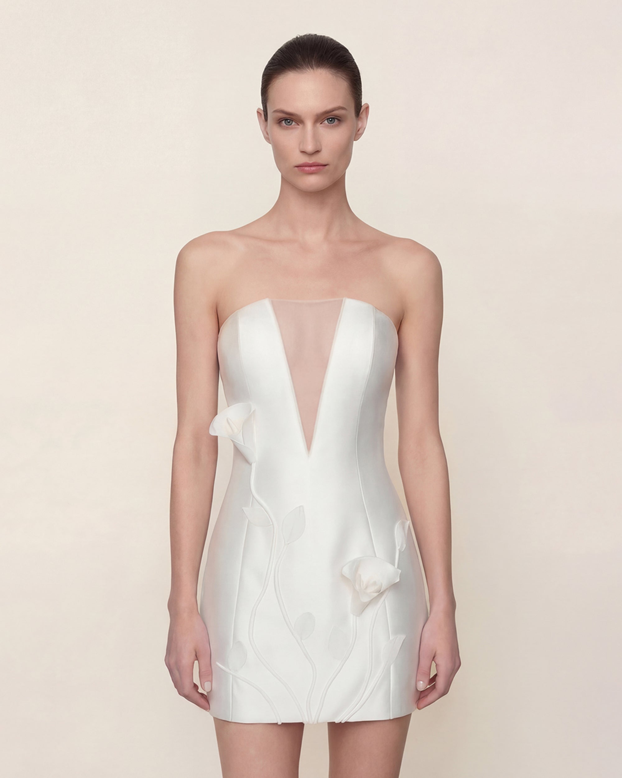 Floral Appliqué Strapless Dress - White