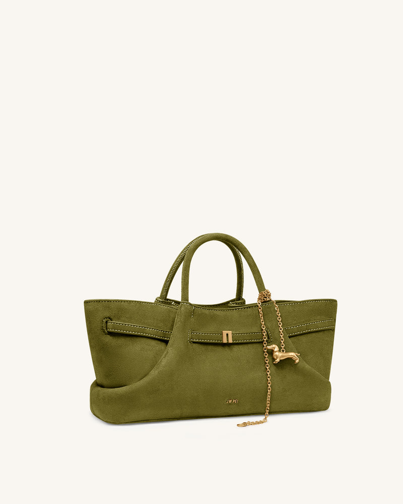 Maeve Dachshund Metal Charm Faux Suede Tote Bag - Olive Green