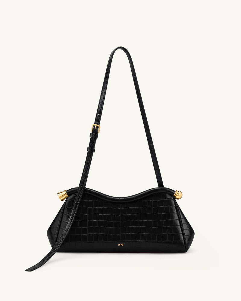 Naomi Curved Shoulder Bag - Black Croc