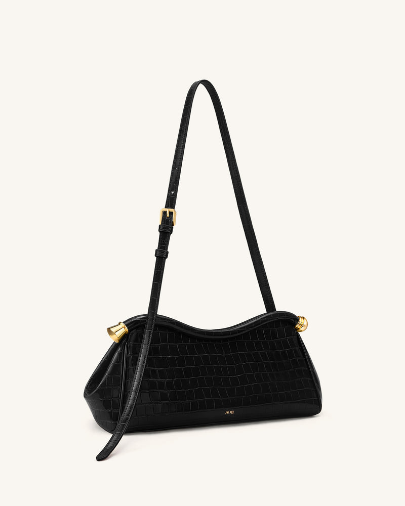 Naomi Curved Shoulder Bag - Black Croc