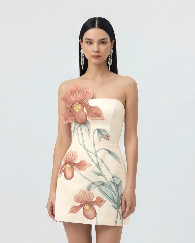 Slipper Orchid Appliqué Mini Dress - Ivory/Peach Pink