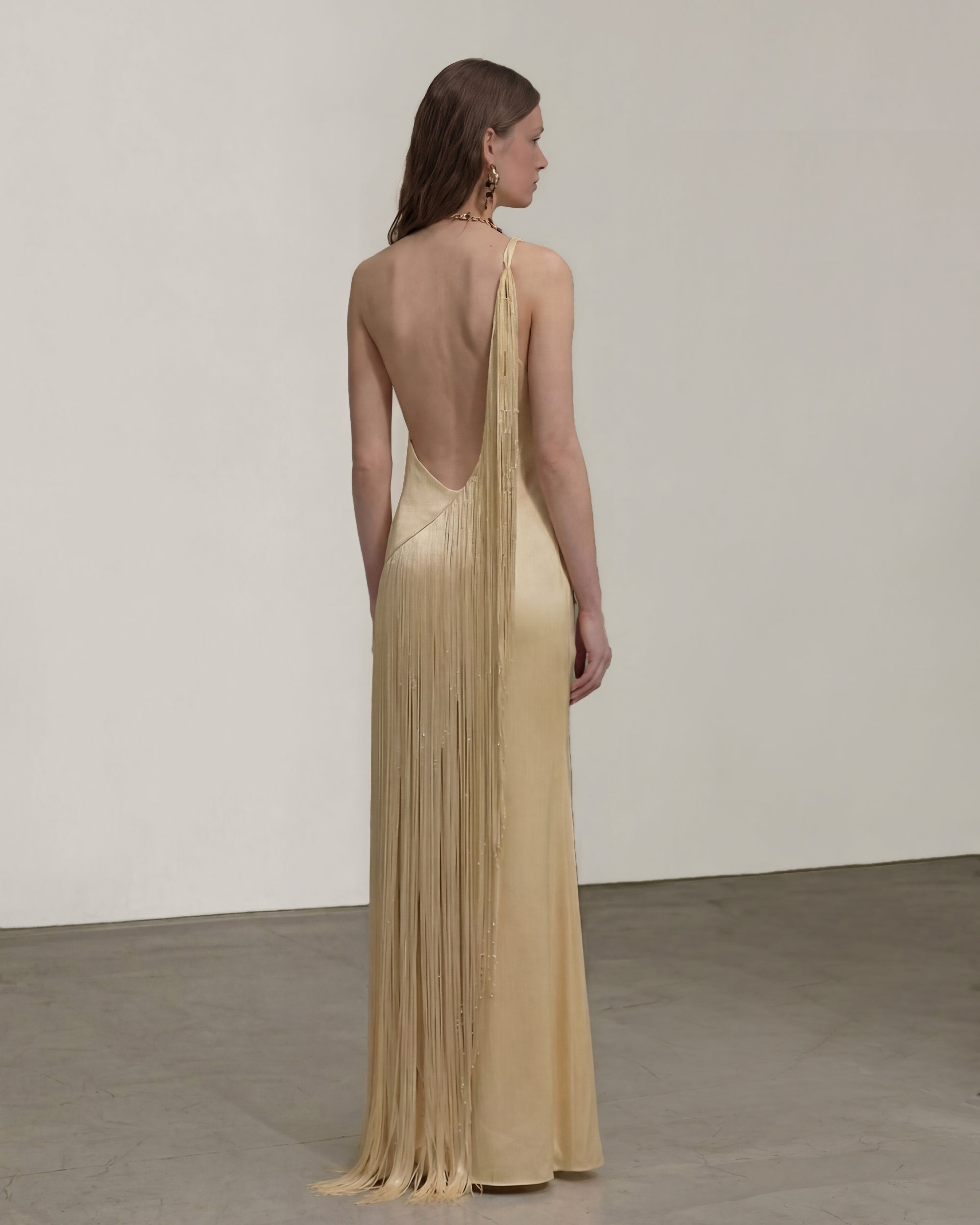 Fringe One Shoulder Maxi Dress - Champagne