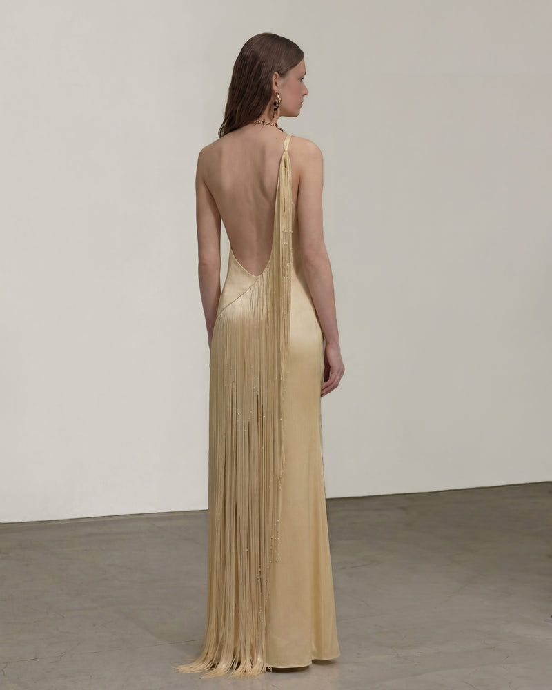 Fringe One Shoulder Maxi Dress - Champagne