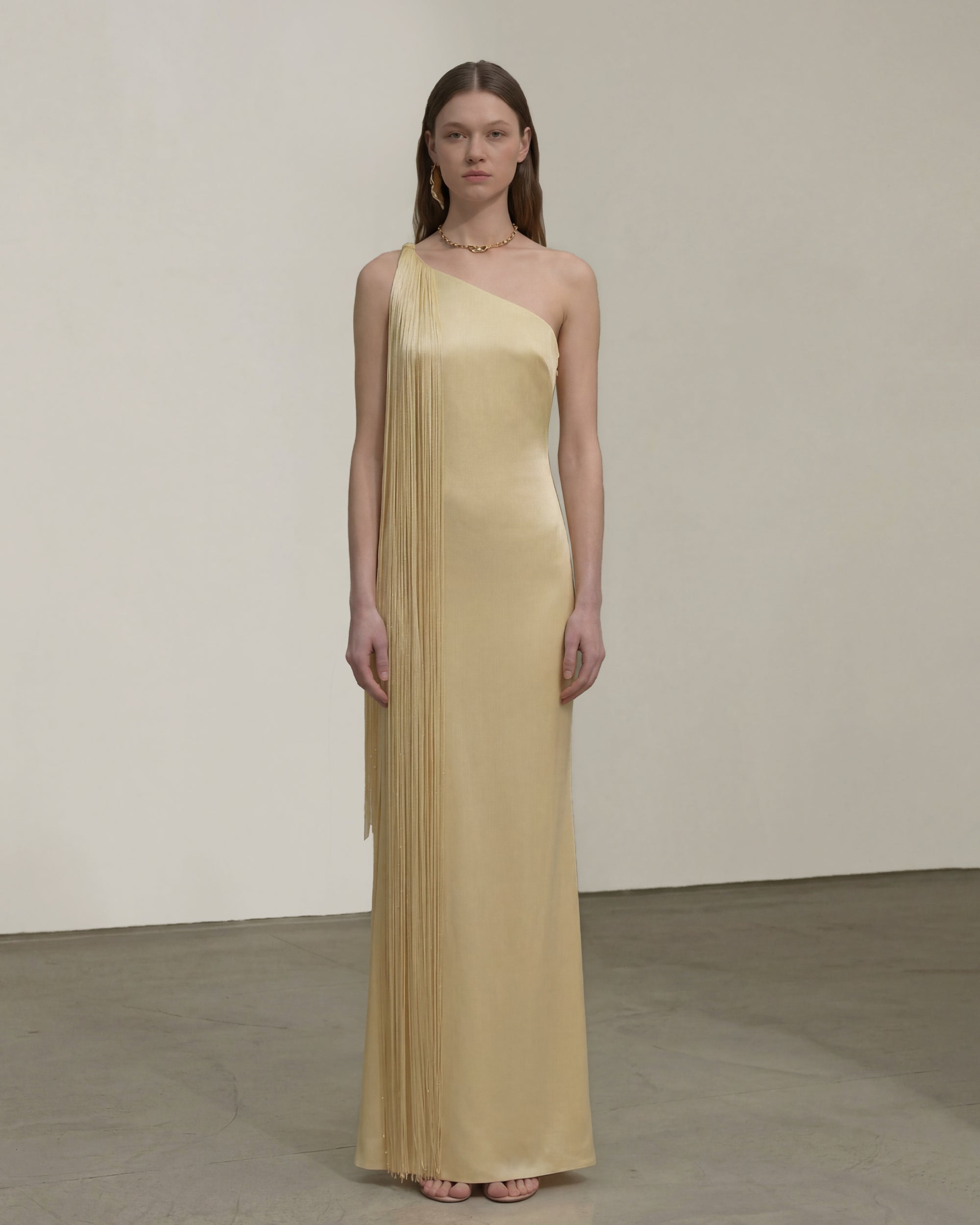 Fringe One Shoulder Maxi Dress - Champagne