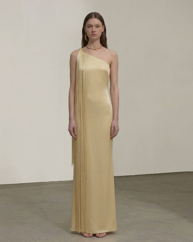 Fringe One Shoulder Maxi Dress - Champagne