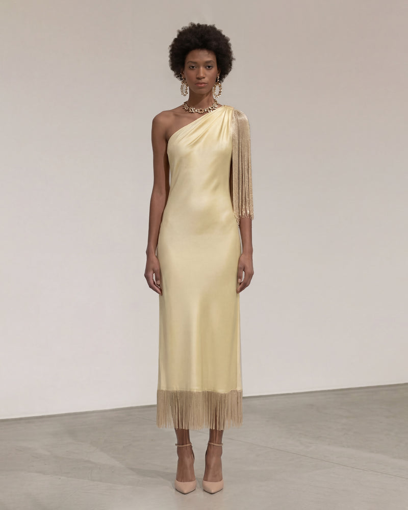 One Shoulder Fringe Midi Dress - Champagne