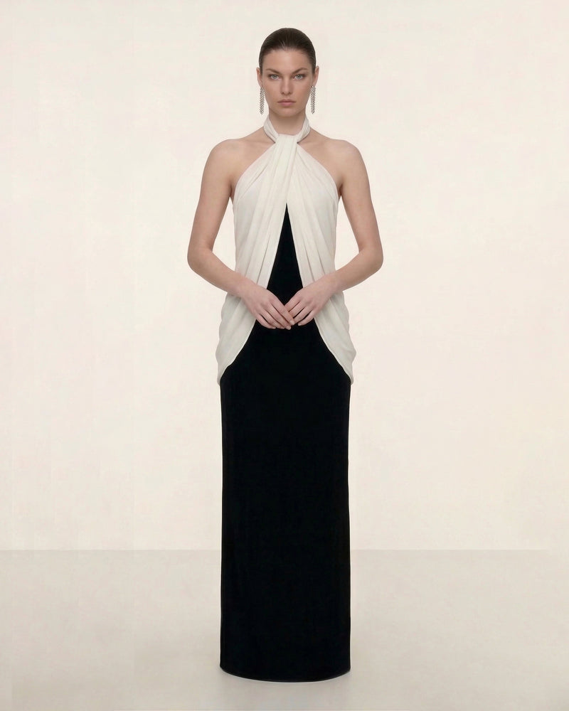 Elegant Halter Maxi Dress - Black White