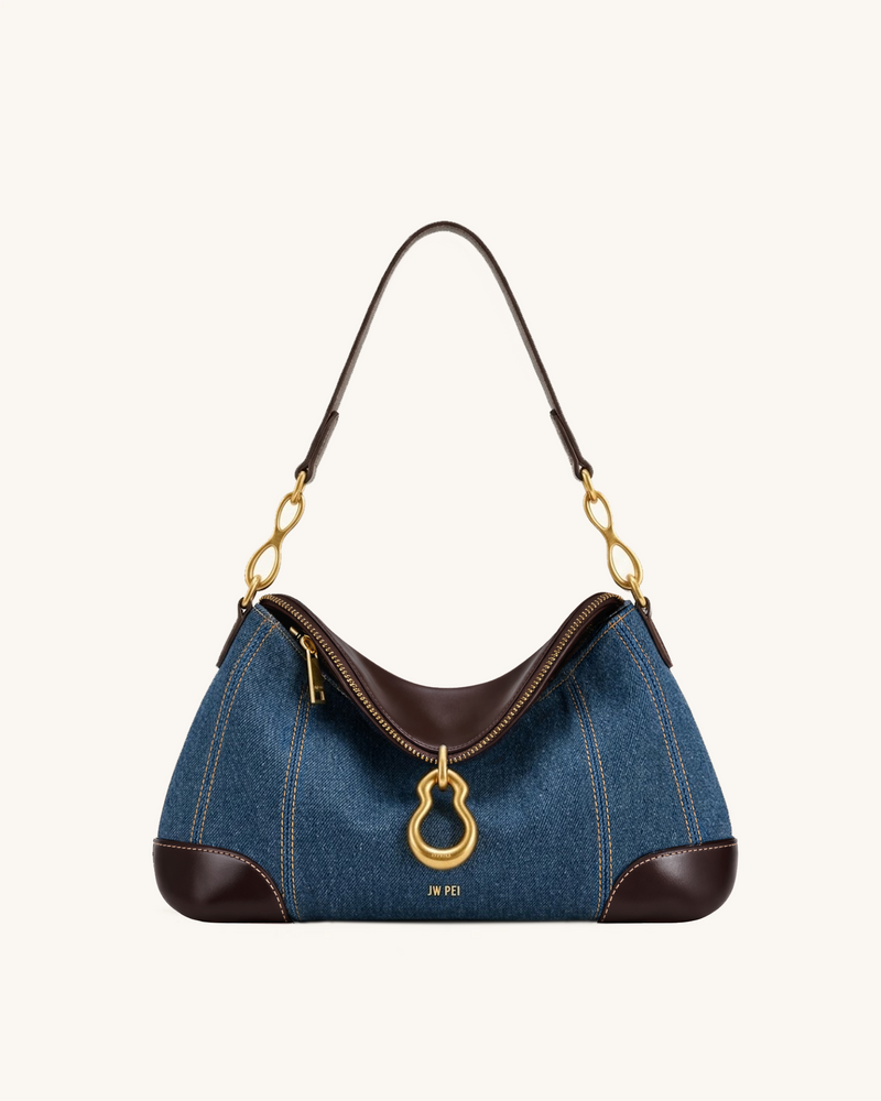 Jayla Metal Pendant Embellished Shoulder Bag - Blue Denim