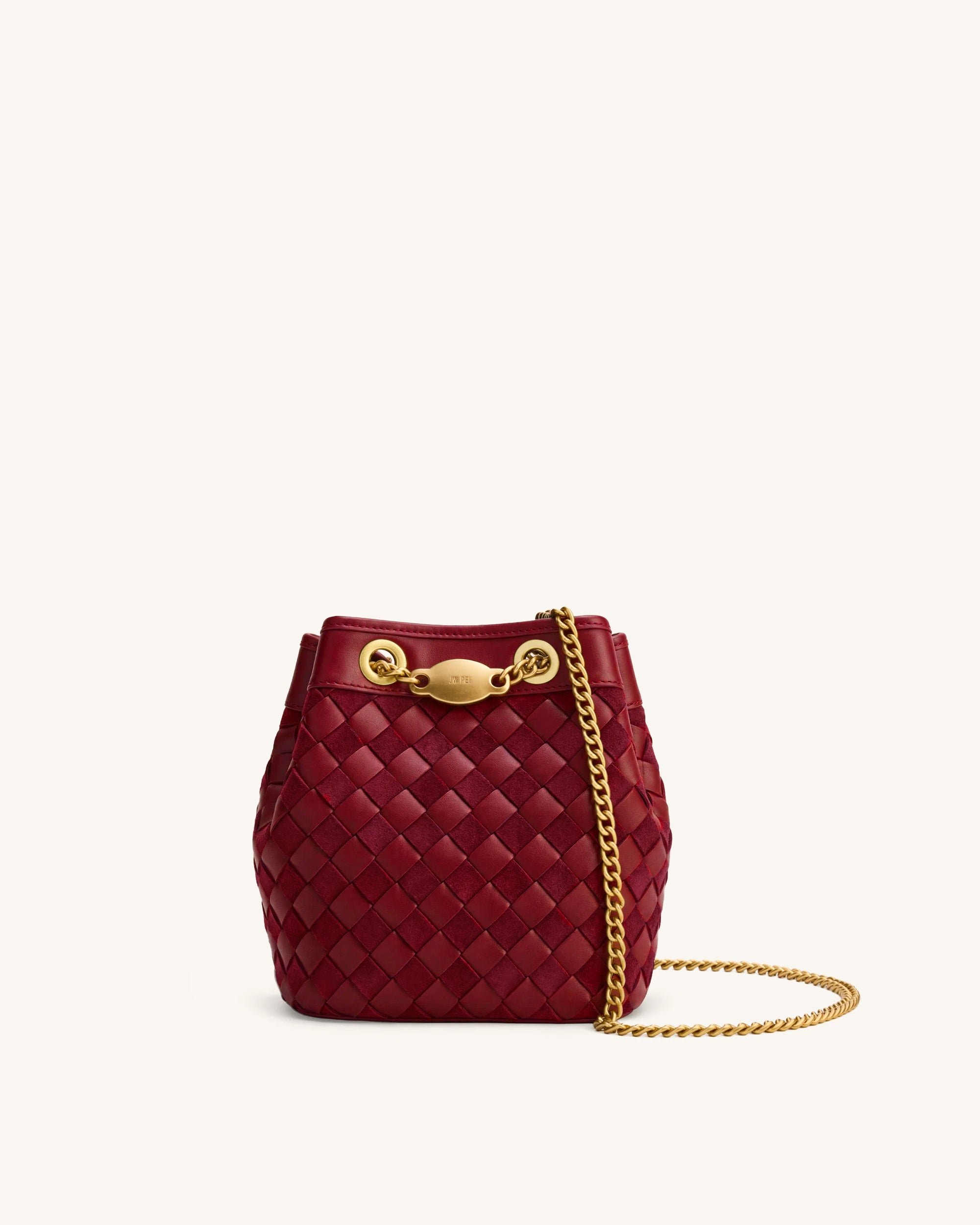 Yara Faux Suede Hand-Woven Bucket Bag - Dark Red