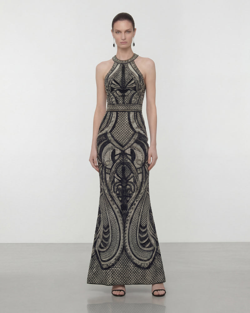 Baroque Halter Printed Maxi Dress - Black/Grey
