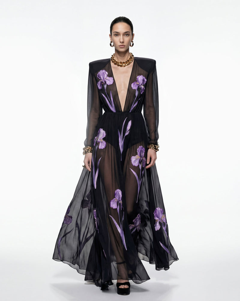 Iris Floral Print Long-Sleeve Sheer Gown - Black/Purple