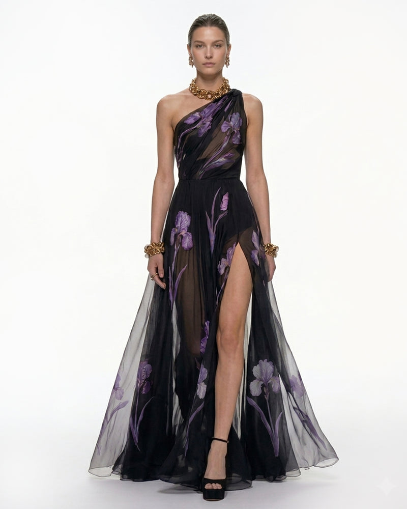 Floral One Shoulder Maxi Dress - Black