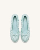 Elara Ruched Drawstring Satin Ballet Flats - Blue
